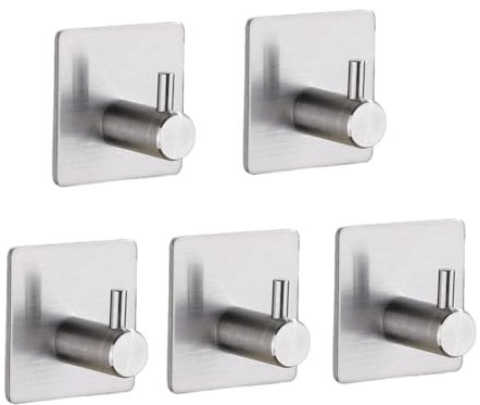TECBULL® 5 massive Edelstahl Klebehaken - Gebürstet, Handtuchhaken fürs Bad selbstklebend, Handtuchhalter ohne Bohren, Hochwertige Handtuch Haken, Wandhaken, rostfrei, klassisches Design