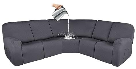 Waterproof L Shape 7 Piece Sectional Couch Covers for 5 Seater Recliner with Elastic Bottom Grey Furniture Protector for Corner Sofa