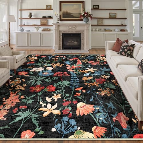 HUGEAR Tappeto Salotto 200x300cm Nero Lavabile Moderno | Lavabile in Lavatrice,Pelo Corto,Antiscivolo,Salotto,Cameretta,Motivo Floreale
