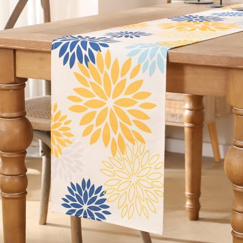 Runner da Tavolo Giallo Senape Blu Navy Floreale Dalia Runner Tavola Moderno Autunno Table Runner Cucina Decorazione Tovaglia per Nozze Sala da Pranzo Dentro Vacanza Decorazioni per Feste 40x140 cm