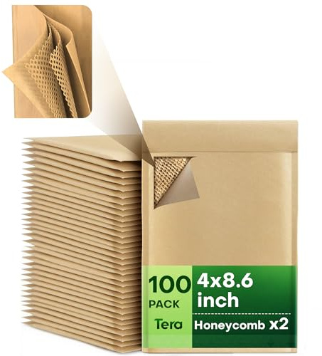 Tera Honeycomb Padded Mailers Envelopes: 4x8.6 inch 100 pcs 4-Layer Protection Self Seal Biodegradable Recyclable Kraft Paper for Jewelry Makeup Small Business Shipping Bags