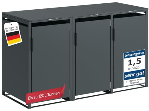 STEELSØN Thoria Mülltonnenbox 3er bis 120L, aus verzinktem Stahl, Anthrazit | Müllcontainer für 3 Tonnen, hochwertige Mülltonnenverkleidung wetterfest & UV-beständig, Müllbox/ Gerätebox für Outdoor