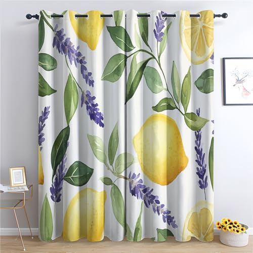 Venivici Zitrone Vorhänge Wohnzimmer Schlafzimmer - Früchte Lavendel Vorhang 300 cm Lang Blickdicht, Gardinen mit ösen, Verdunklungsvorhänge Kinderzimmer, Thermovorhang 2er Set