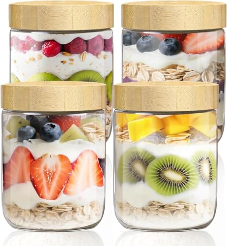 Zikenis 4 pièces Overnight Oats Jar 500ml,Bocaux en Verre Hermétique,Mason Jar avec Couvercles en Bois à Vis Scellésm,pour yaourt,Pudding,Chutneys,porridge,L'Avoine,Salade