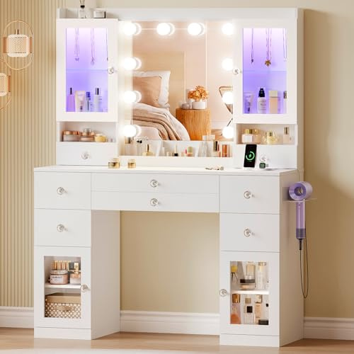 Dripex Dressing Table with Power Outlet, Vanity Desk with 4 Show Cabinets