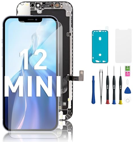 Hoonyer iPhone 12 Mini Display Ersatz Set, 3D Touch Bildschirm mit Rahmen & Digitizer, inkl. Reparatur-Werkzeug, wasserdichtem Kleber & gehärtetem Displayschutz – für iPhone 12 Mini (5,4 Zoll)