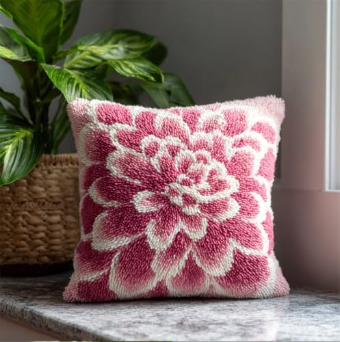 Kitquiver Knüpfhaken Kissen Kits Für Kinder,Rosa Dahlie Mit Grünen Blättern,17X17Indiy Knüpfteppich Zum Selber Knüpf-Sets Kissenbezug Teppich Stickerei Set,Latch Hook Kits
