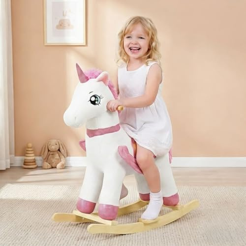 FUNLIO Cavallo a dondolo unicorno per neonati, Cavallo a dondolo unicorno fatata arcobaleno per bambini 3-6 anni, Animale a dondolo imbottito, Facile da assemblare, Certificato CPC – Grande