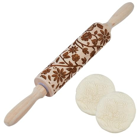 DICOSMETIC Mattarello in legno con motivo floreale 3D, 35 cm, utensile da cucina per stendere l'impasto, per biscotti, cialde e pasticcini (motivo floreale)