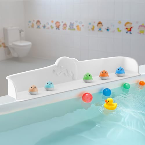 3FT Dolphin Pattern Bathtub Splash Guard Play Shelf for the Wide &Straight Bathtub Edge Toy Tray Caddy Holder Storage Suction Cups Attach to Bath Tub No Mess Water Spill in Bathroom (White)