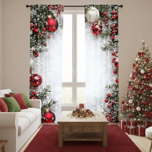 MUMQAQ Christmas Ball Holiday Printed Curtains, 2 Pieces 2D Flat Printed Red Luxury Xmas Print Curtains with Snowflakes and Pine Branches for Bedroom Living Room Holiday Party Decor
