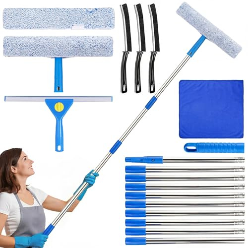 15Ft(4.5m) Window Cleaning Equipment with Long Handle, Extendable Window Cleaner Tool with 14'' Squeegee,3 Crevice Brush & 1 Microfiber Cloth Window Washing Kit for High Windows Glass