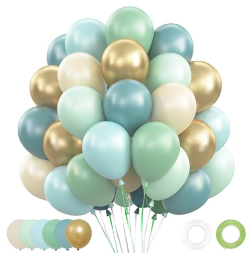 Luftballons Blau Grün, 62 Stück Luftballons Geburtstag Salbeigrün Blau | Blaue Retro Grüne Ballons Sand Weiß mit Metallic Gold Ballons für Geburtstag Babyparty Taufe Hochzeit Dschungel Jugendweihe