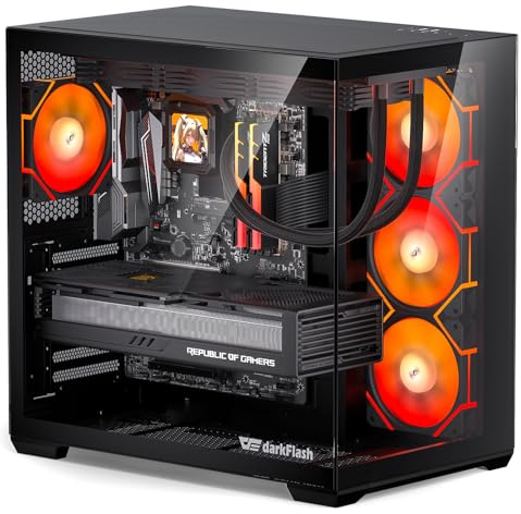 darkFlash C280 E-ATX PC Case, Six-Sided Ventilated Gaming Case, Up to 420mm Radiator, Vertical GPU Mount, Back Connect, Type C, High Airflow, 4 x PWM Fans Included (Black)