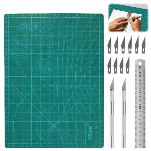 A4 automatisk skärmatta för pyssel med dubbelsidig skärning, stållinjal, 2 skalpeller och 10 ersättningsblad, för DIY, scrapbooking och exakt