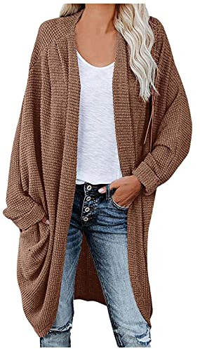 Generisk oversize kofta dam röd stickad kappa dam lång grovstickad kofta elegant lång kofta långärmad grovstickad jacka med fickor kofta casual koftor bekväm kappa, BRUN, XXL