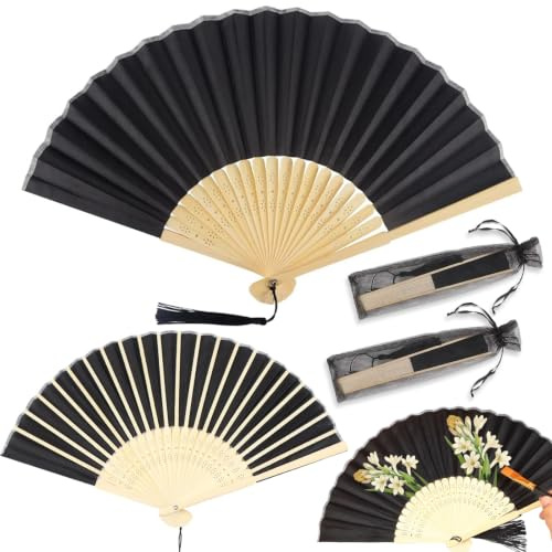 Handfächer 2 STK, Faltbare Schwarz Fächer Hochzeit Stoff Bambus mit Quaste | Chinesischer Faltfächer mit Organzabeutel, für Sommerkühlung, DIY, Tanz, Fotografie, Partygeschenk, Wand- und Hausdeko