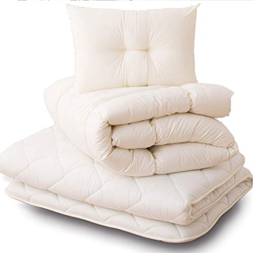 EMOOR Set di Materassi Futon Giapponesi (Materasso, Piumone e Cuscino) CLASSE 100 x 200 cm Prodotto in Giappone Bianco, Letto Pieghevole per Dormire sul Pavimento Materassino Tatami Made in Japan