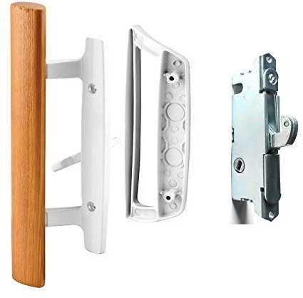 HauSun Sliding Glass Door Handle Set Oak Wood Interior Handle and Exterior Pull White Diecast Finish+Mortise Lock 45° Keyway Fits 3-15/16” Screw Hole Spacing, Non-keyed with Latch Locks(White)