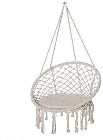 Outsunny Silla Colgante Redondo de Ø60 cm con Cojín 80x80x42 cm Beige | Silla Hamaca Columpio, Cuerda de Algodón, para Interior y Exterior, Carga 120 kg