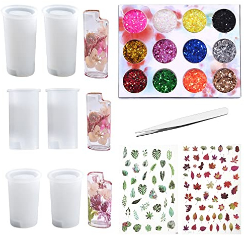 Cayway 10 Stück Resin Gießharz Silikonform, 3 Stück Universal Feuerzeugabdeckung Schmuck Silikonform Gießform Resin Form mit Pailletten, Trockenblumen zum Basteln zum Selbermachen