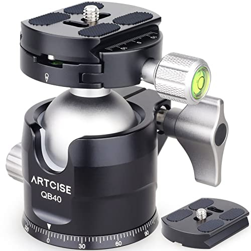 Low Profile Camera Tripod Head with 2 Arca Quick Release Plates 40mm Aluminium 360 Rotating Panoramic Ball Head Load 44lbs/20kg