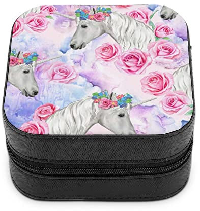 Reise-Schmucketui Einhorn Rosa Rosen Weiße Pferde Blumenkranz Pu-Leder Schmuck Organizer Schmuck Aufbewahrungskoffer