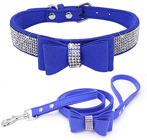 Blaues Bling Hundehalsband und Leinen-Set für weibliche Hunde mit Fliege, Diamant-Welpenhalsband mit Fliege aus Kristall-Strass, Katzenhalsbänder für XXS XS kleine mittelgroße große weibliche