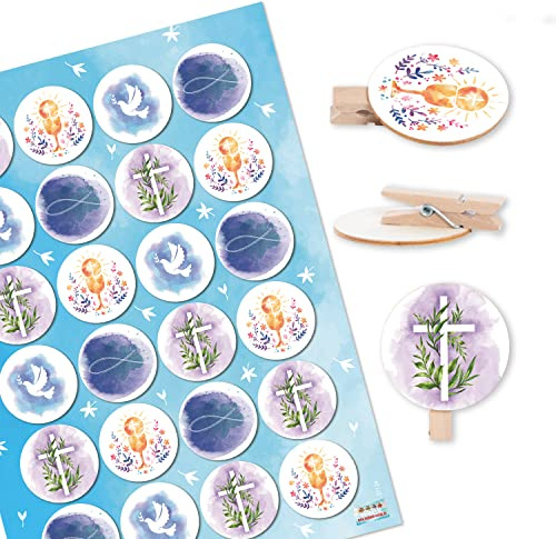 Logbuch-Verlag 24 Klammern mit Sticker Kommunion Firmung Konfirmation Gastgeschenke Verzierung Deko christliche Symbole 4 cm