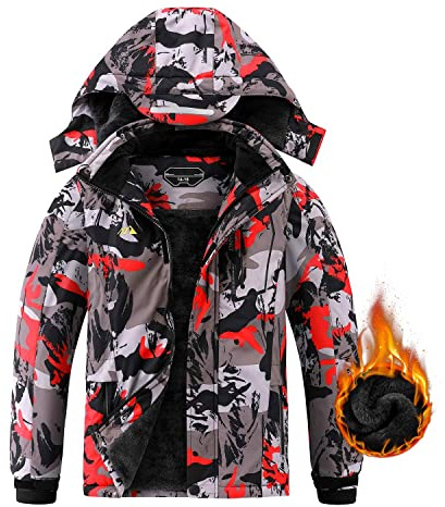 AFILOK Boy's Ski Jacket Waterproof Breathable Kids Fleece Lined Windproof Hooded Snowboard Coats(red camouflage 10-12)