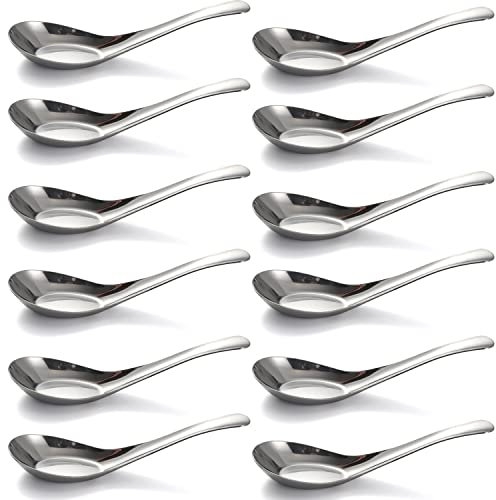 Lot de 6 cuillères à soupe chinoises en acier inoxydable poli miroir pour bouillon, dessert, céréales, thaï, miso ramen