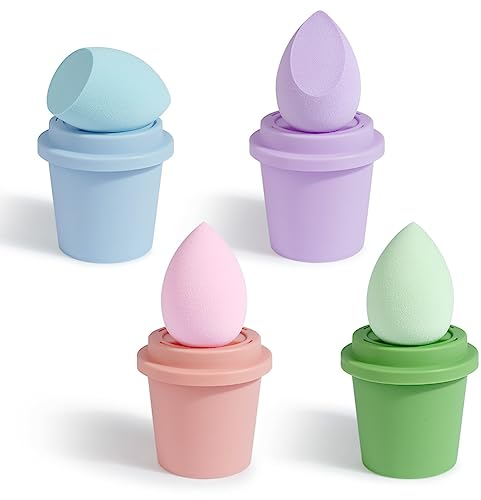 AUAUY Spugnette Trucco, Spugna di Bellezza Fondotinta, Spugnette Trucco Fondotinta Impeccabile, Multicolore Morbida Spugna Cosmetica per Liquidi, Crema（4pz con Confezione per Tazzina da Caffè）
