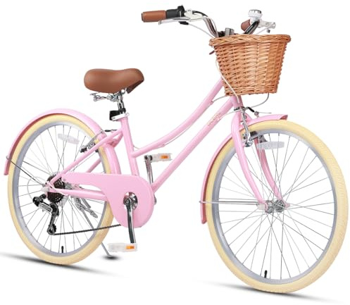 Glerc 24 Inch Girls Cruiser Bike 6-Speed Cruiser Women's Hybird Bicycle for Ages 7 8 9 10 11 Years Old with Wicker Basket. Lightweight Frame and Fork, Pink