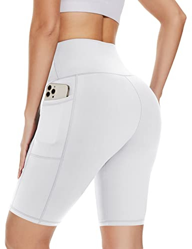 DDOBB Cycling Shorts Women with Pockets High Waist Gym Shorts Tummy Control Tights Soft Strech Pants for Running Yoga(White S-M)