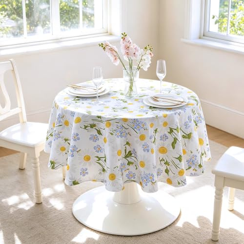 SUCHDECO Tischdecke Rund 150 cm Abwaschbar Tischdecke Wasserabweisend Runde Tischdecken Outdoor Tischtuch Gartentischdecke für Küche, Esszimmer, Esstisch, Couchtisch, Gartentisch, Weißes Gänseblümchen