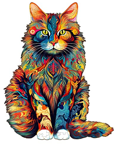 Blumuze Holzpuzzle Erwachsene 300 Stück, Maine Coon Katze Holzpuzzle Einzigartige Tierform Puzzleteile,Holz Puzzle,Puzzle aus Tierteilen, Puzzle Holz Erwachsene mit Geschenkbox aus Holz(L-16.5*13.2in)
