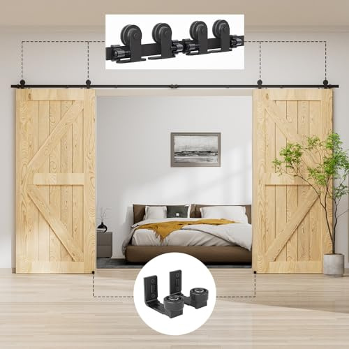 LTIYITL 244CM (8FT) Herraje Para Puerta Corredera Kit de Granero Accesorio de Armario Con Rodillo de Riel Para Puerta Doble,Contiene Guía de Suelo Ajustable