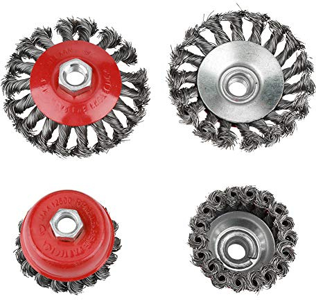 4 spazzole metalliche a ruota, tazza da 75 mm e spazzola piatta in acciaio da 100 mm, spazzola rotante a nodo per ruggine, rimozione della vernice, levigatura