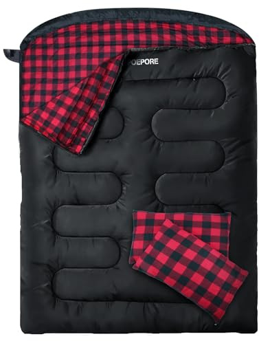 POEPORE Double Sleeping Bag Flannel for Adults with 2 Pillows 2 Person Sleeping Bags Camping XXL Queen Size Two Person Sleeping Bag for Cold Weather
