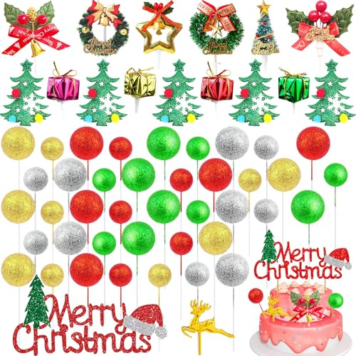 Hlimior Pack of 57 Christmas Cake Decorations, Christmas Cake Decoration, Reindeer Cupcake Toppers, Christmas Tree Cake Topper for Cake Decoration, Table Ornaments, Christmas Decoration,