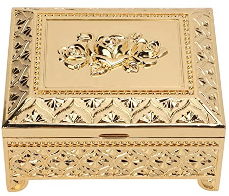 Firlar Schmuckkästchen, Geschenkbox für Frauen und Mädchen, Vintage-Rosenmuster, Geprägt, Einlagige Flip-Top-Schmuckaufbewahrungsbox aus Zinklegierung, Schmuckaufbewahrung(Gold)
