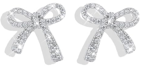Silver Bow Earrings for Women Trendy Sparkly Rhinestone Chain Tassel Earrings Cute Ribbon Stud Earring Daily Party Jewerly Gifts Prom Dress Accessories