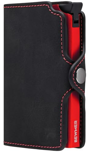 BEWMER Porta Carte di Credito 1 Schermato | Portafoglio Slim da Uomo e Donna | Porta Tessere e Documenti con Rfid Protection e Fermasoldi in Carbon Fiber (Nero e Rosso Senza ZIP)