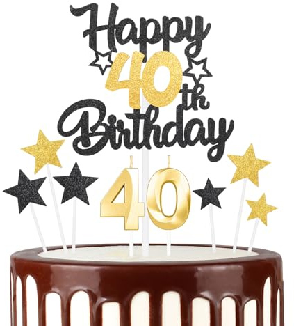 Black Gold 40th Happy Birthday Candles Cake Toppers Set, Number 40 Candle for Cake, Gold Candles for Women Men Birthday Decorations, Star Cake Toppers for Girls Boys Birthday Party Wedding Anniversary
