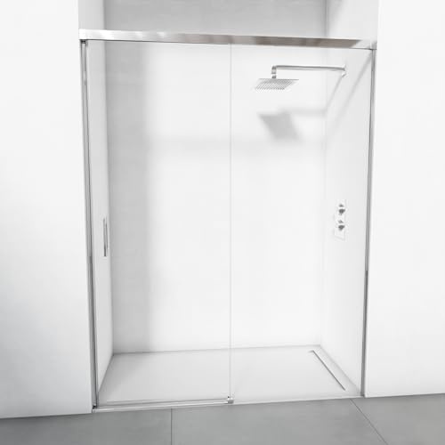 Mampara de ducha reversible 1 corredera + 1 fijo - Perfilería minimalista - Cristal transparente templado 6 mm antical - Cromo - Ancho adaptable 116-120 - Alto 195 cm
