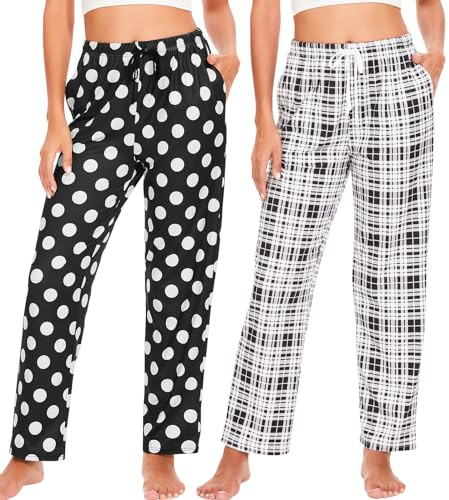 Ymmchy Damen Pyjamahose Lang Schlafanzughose Kariert Freizeithose Frauen Schlafhose Weiche Nachtwäsche Hose 2-Pack
