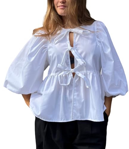 WangsCanis Damen Mode Oberteil mit Schößchen Vorne zum Binden Y2K Hemd Puffärmel Schnürung Schleife Rüschensaum Babydoll Krawatte Blusen (Weiß, S)