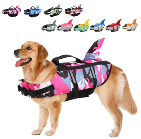 Rettungswesten für Hunde Schwimmweste Hunde Hai, Leicht und Sicher für Wassersport, hundeschwimmweste mit Griff und Reflektierend für Kleine Mittlere und Große Hunde Tarnung Rosa S