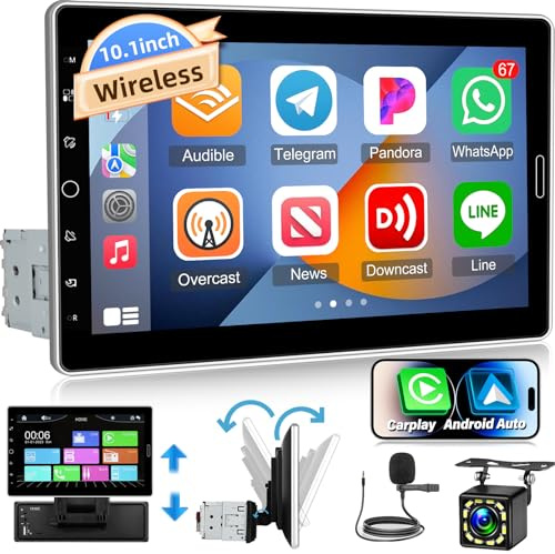 Radio Pantalla 1 DIN con Carplay y Android Auto - 10,1 Pulgadas Pantalla Táctil Desmontable IPS Autoradio con Enlace Espejo, Radio FM, Control del Volante + Cámara de Marcha Atrás + Micrófono