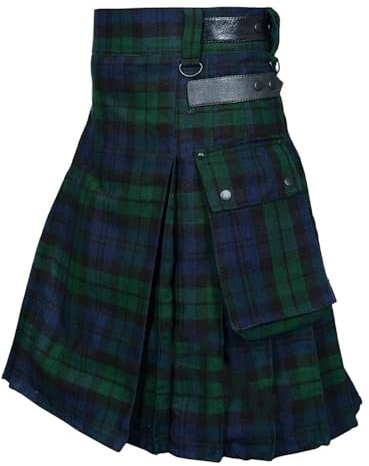 BaronHong Tartán Utility Kilts - Kilt para hombre con correa y bolsillos grandes de carga, Verde (cuero), M